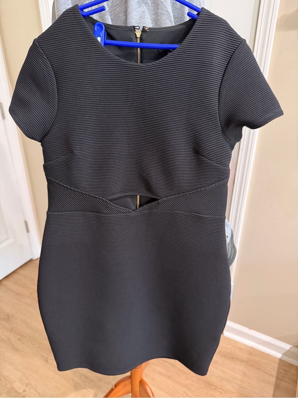 Express Black Ribbed Short Sleeve Mini Dress with Front Waist Cutout